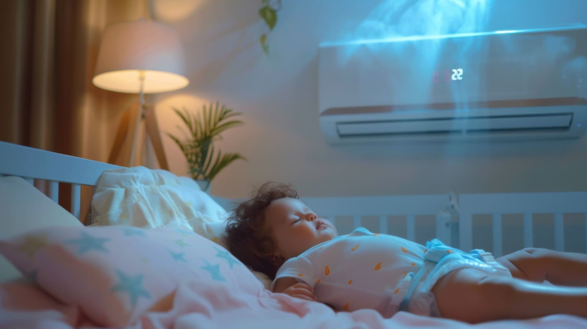 Bebê dormindo confortavelmente em quarto com ar-condicionado